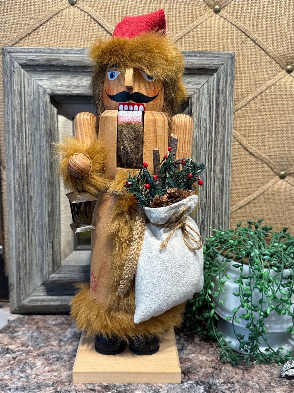 Wooden Nutcracker Santa with Red Hat and Fur Trim